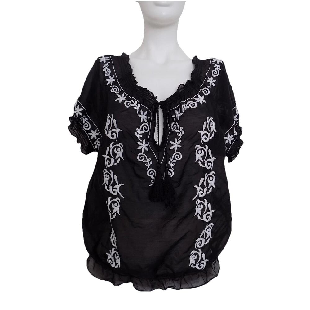 Cache embroidered blouse black shirt short sleeve silk blend size Medium